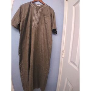 Traditional Olive Green Cotton Thobe Kaftan Mandarin Collar‎ Short Sleeve Robe